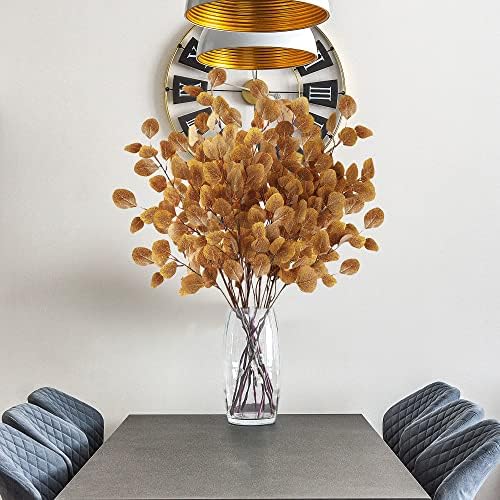 Sggvecsy 6 Pcs Fall Eucalyptus Leaves Artificial Eucalyptus Stems Long Silver Dollar Leaves Autumn Leaf Branches Fake Silk Eucalyptus for Christmas Home Autumn Thanksgiving Decor(Dark Yellow) - Image 4