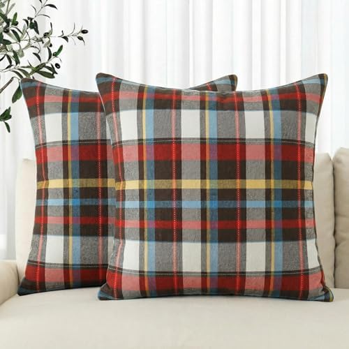 AVOIN colorlife Spring Summer Red Brown Blue Plaid Decorative Throw Pillow Covers, 18 x 18 Inch Holiday Scottish Tartan Cushion Case Farmhouse Decoration for Sofa Couch Set of 2 by AVOINcolorlife