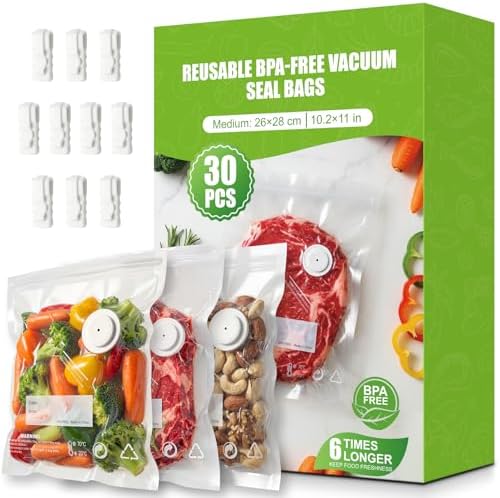 RIWUSI 30PCS Reusable Vacuum Sealer Bags for Food with Air Valve & 10 Seal Clips – Medium (10.2 x 11 in), BPA Free Food Storage Bags, Lock in Food Freshness for Freezer, Microwave, Sous Vide Cooking by RIWUSI