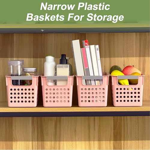 Soddeph 4 Pack Slim Plastic Storage Basket with Handles, Rectangular Storage Bins for Shelves,Narrow Organizer box for Organizing, Kitchen,Home,Office(Pink, Small) - Image 4