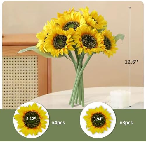 7Pcs Realistic Silk Sunflowers Artificial Flowers,12.6''Fake Sunflowers with Adjustable Long Stem&Detachable Flower Head,Perfect for Home Decor,Wedding,DIY,Sunflowers Decoration for Indoor&Outdoor - Image 2