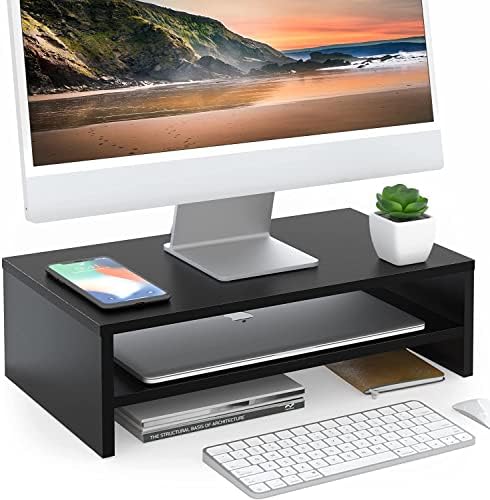 FITUEYES Wooden Monitor Stand Riser, 2-Tier Desk Storage Shelf, Black by FITUEYES