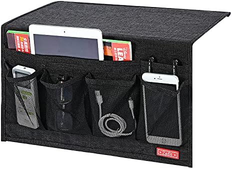 Zafit Linen 6 Pockets Bedside Caddy, Bedside Storage Organizer for Magazine, Remotes, Phone (Black) - Image 2