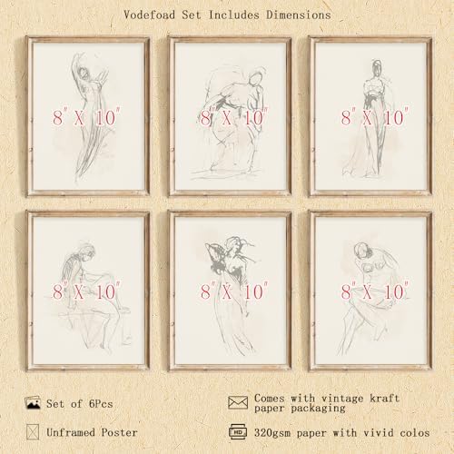 Vodefoad Figure Sketch Art Print Neutral Gallery Wall 6Pcs Set Soft feminine lines Abstract Wall Prints Boho Neutral Line Art Minimalist Bedroom Decor Vintage Drawing Art Female Prints Unframe - Image 2