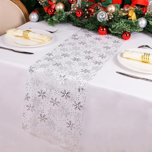 Snowkingdom Christmas Snowflake Silver Table Runner 11 Inch x 100 Feet Sparkly Silver Foil Glitter Metallic Mesh Dining Table Decorations for Seasonal Winter Xmas Festival Holiday Home Party by Snowkingdom