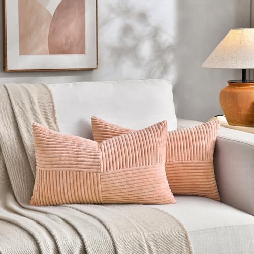 Fancy Homi 2 Packs Peach Long Lumbar Decorative Throw Pillow Covers 16x24 Inch for Couch Bed Sofa, Rustic Farmhouse Boho Home Decor, Soft Striped Corduroy Rectangle Accent Cushion Case 40x60 cm - Image 5