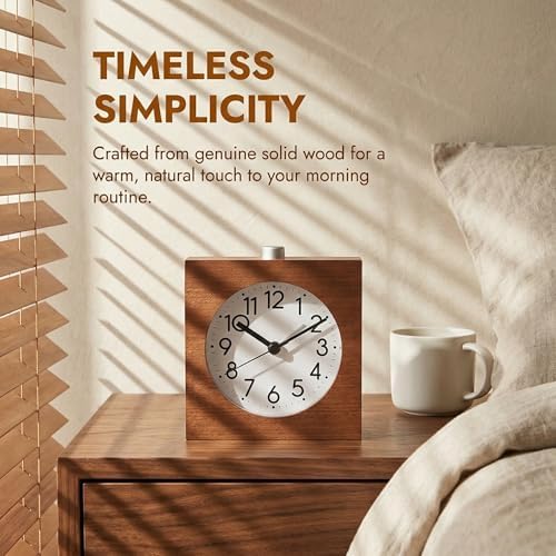 Wooden Analog Alarm Clock Silent Battery Operated with Night Light - Image 2