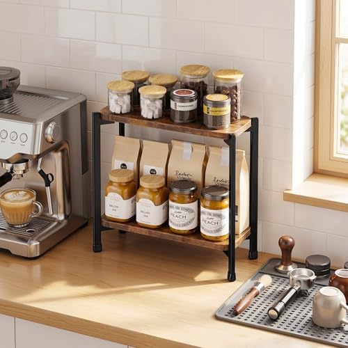 pickpiff 2 Tier Spice Rack Organizer for Kitchen Countertop, Wood and Metal Seasoning Shelf, Space-Saving Spice Organizer for Kitchen Counter, Coffee Bar and Dining Table, Brown - Image 6