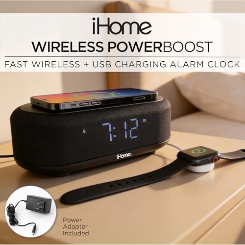 iHome Bluetooth Alarm Clock with Wireless Charger and USB Charging Station, Digital Alarm Clock for Bedrooms, Office, or Dorm (iBTW112) - Image 2