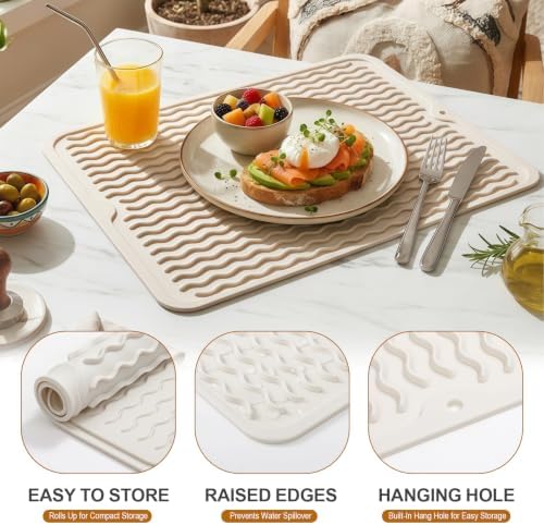 2 Pack Silicone Dish Drying Mat for Kitchen Counter Dining Place Mats Waterproof Shower Caddy Organizer Sink Protector Appliance Storage Vanity Trays Dryer Rack Drainers Items 15"x11.5" Beige - Image 2