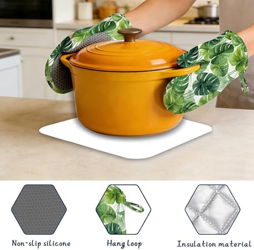 Green Palm Leaf Pot Holders and Oven Mitts,Summer Tropical Leaves Oven Mitts Heat Resistant Cotton Lining Anti-Slip Silicone Kitchen Mitts Set Hot Pads for Microwaves Cooking Baking Grilling - Image 3