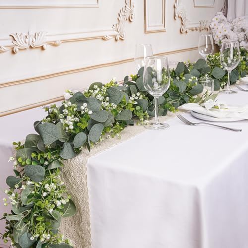 8 Pack Eucalyptus Garland, Faux Plant Artificial Greenery Garland with White Flowers 5.9Ft Eucalyptus Vine Table Centerpiece Decor Fake Vines for Home Mantle Party Wedding Decor Indoor/Outdoor - Image 5
