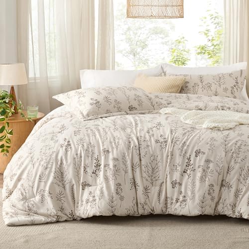 Bedsure Floral Comforter Set Cute Bedding Set Full Reversible Beige by BEDSURE