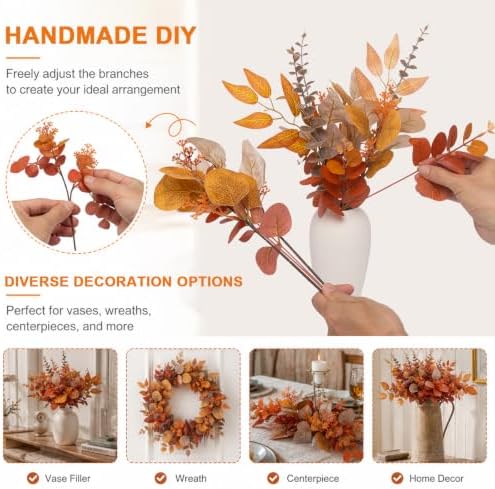 lovemoon 260 Pcs Fall Mixed Greenery Artificial Eucalyptus Stems, Orange - Image 4