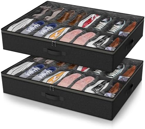 Under Bed Shoe Storage Organizer for Closet, 32 Pairs Sturdy Underbed Shoe Storage Boxes Bins Container Foldable Shoes Storage with Reinforced Handles & Clear Window for College Dorms Black, Set of 2 by Besslly