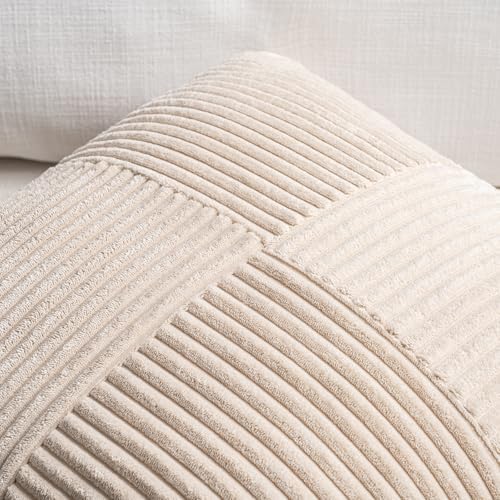 Fancy Homi 2 Packs Tan Samll Decorative Throw Pillow Covers 12x12 Inch with for Couch Bed Sofa, Rustic Farmhouse Boho Home Decor, Soft Corss Patchwork Corduroy Square Beige Cushion Case 30x30 cm - Image 3