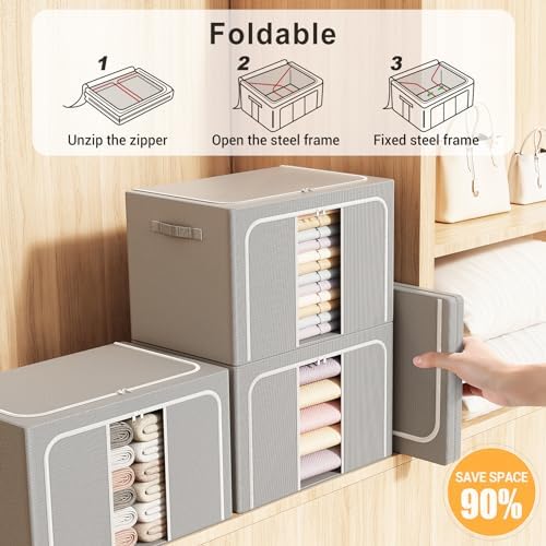 Clothes Storage Bins with Metal Frame Foldable Storage Box Clothes Organizers Storage Containers for Clothes Sheets Blankets Books Toys Gifts and Holiday Decorations (24Lx3 Pack) - Image 4