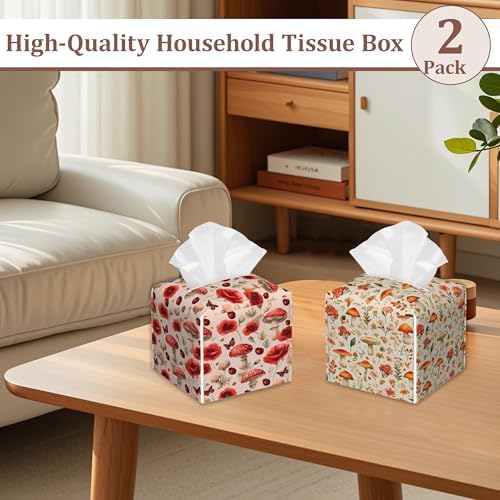 Cute Mushrooms Tissue Box Cover, 2Pcs Square PU Leather Tissue Box Holder for Bathroom Vanity Countertop, Bedroom Dresser, Office Desk or Night Stand Table - Image 6