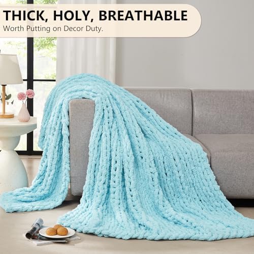 L'AGRATY Chenille Chunky Knit Blanket, Light Blue, 60x80, Heavyweight Throw Blanket for Home Decor - Image 5