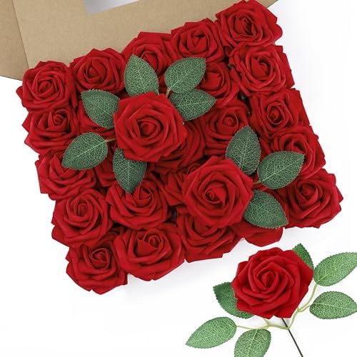 DuHouse 50Pcs Artificial Flowes Foam Roses Real Touch with Stems(Dark Red) by DuHouse
