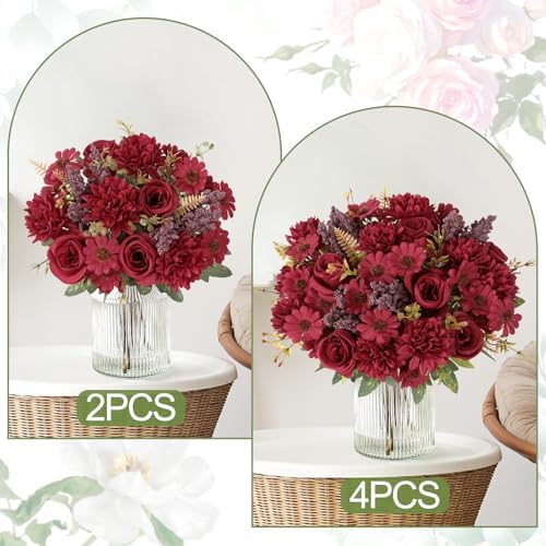 Dremisland Artificial Flowers 2 Bundles Burgundy Fake Roses Silk Bouquets - Image 6