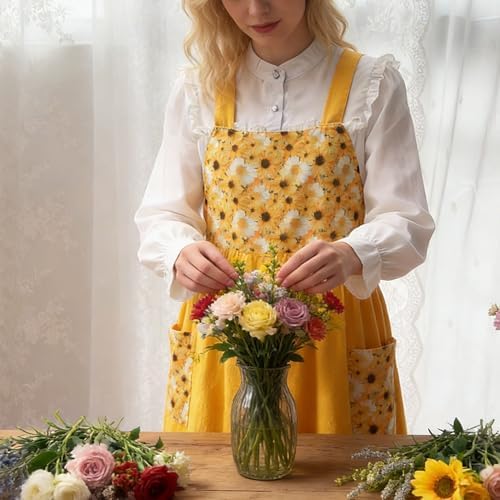 Cotton Linen Apron Cross Back Apron for Women with Pockets Pinafore Dress - Image 4