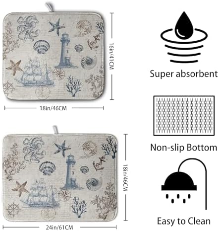 Nautical Coastal Dish Drying Mat for Kitchen Counter Summer Ocean Sailboat Starfish Seashell Absorbent Microfiber Dish Mat Reusable Washable Dish Drainer Rack Mat 18x24 Inch - Image 2