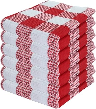 Waffle Weave Plaid Dish Cloth, DishTowel 15x25"Set of 6 - Red & White by PurpleEssences