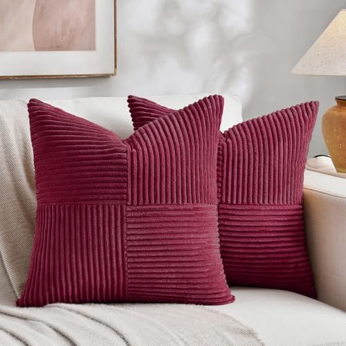 Fancy Homi 2 Packs Burgundy Euro Decorative Throw Pillow Covers 28x28 Inch for Bed, Rustic Farmhouse Boho Home Decor, Soft Corss Corduroy Patchwork Textured Square Cushion Case 71x71 cm by Fancy+Homi
