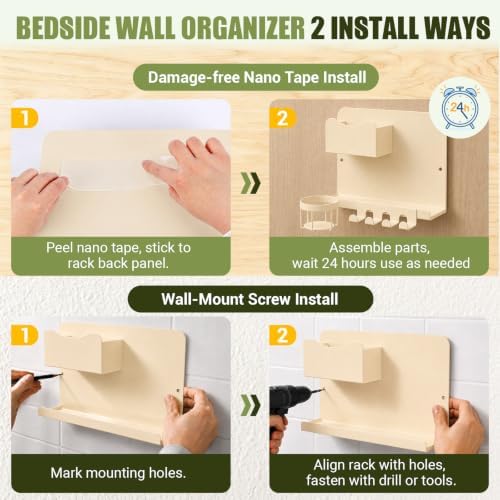 Floating Bedside Wall Shelf, Metal Wall Organizer with Detachable Cup Holde - Image 6