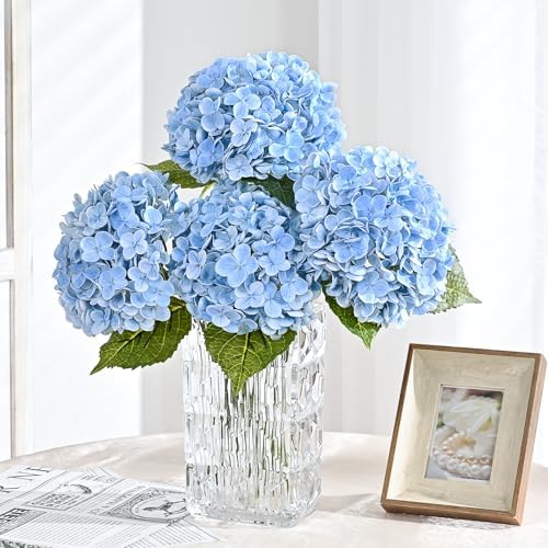 6Pcs 21in Hydrangea Artificial Flowers, Latex Real Touch Hydrangeas (Blue) - Image 2