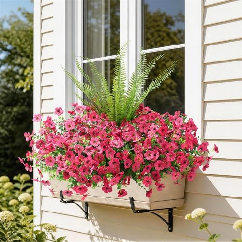 HyeFlora Artificial Faux Outdoor Flowers Plants for Spring Summer Decoration, 14 Bundles Fake Silk Colorful Daisy Ferns UV Resistant Realistic for Home Porch Patio Yard Window Box (Hot Pink) - Image 6