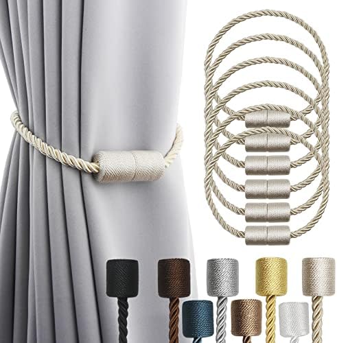 6 Pack Beige Strong Magnetic Curtain Tiebacks Outdoor Elegant Decorative Tie Backs Modern Rope Tiebacks for Drapes Window Curtain Holdbacks for Draperies by CurtainTiebacks