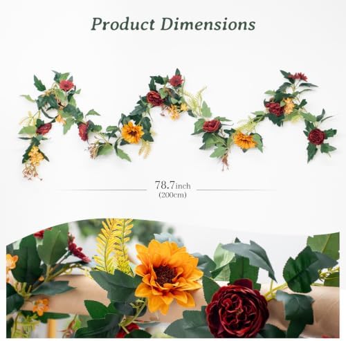 MAKHOT 2Pack Artificial Maple Leaves and Sunflowers Burgundy Roses Garland - Image 4
