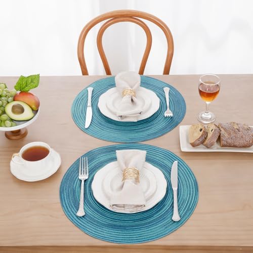SHACOS 15 inch Round Placemats Set of 8 Variegated Multicolor Place Mats Cotton Polyester Braided Non Slip Washable Heat Resistant Table Mats for Home Wedding Dinner Party Table Decor, Rainbow Teal - Image 5
