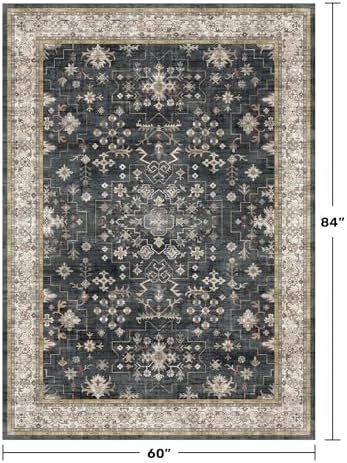 Black Boho Living Room Rug 5x7, Washable Dark Vintage Moody Low Pile Non Slip Carpet for Bedroom, Dinning Room, Office, Farmhouse, Retro Area Rug Indoor Decor (5x7 Black/Multi) - Image 2
