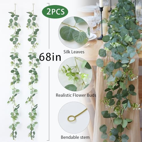 Mizii 2 Strands Artificial Vines Eucalyptus Garland 68" Fake Vine with Silk Leaves Green Garland Faux Hanging Plants Greenery Decoration for Bedroom Room Table Centerpieces Wedding Decor (Greenery) - Image 2