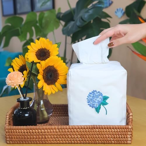 Fabric Tissue Box Cover Set of 2, Vintage Floral Embroidery Hydrangea Tissue Holder, Bouquet Wrapping Bag, Car Tissue Holder, Tissues Box Cover Square 5.9"X5.9"X7", White Square Tissue Box Cover - Image 5