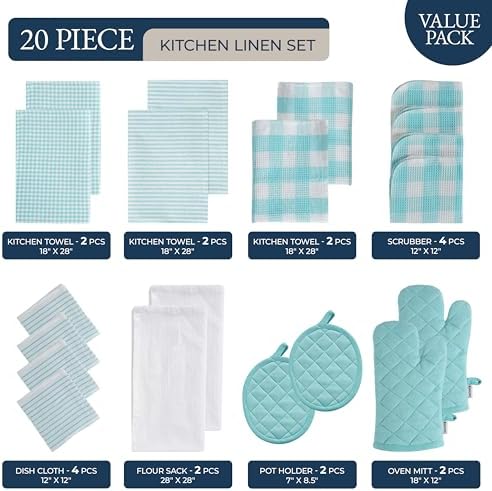LANE LINEN Kitchen Towels and Dishcloths Sets - 20Pc Kitchen Towel Set, 350 Degree Heat Resistant Oven Mitts & Pot Holder, Reusable Absorbent Dish Cloths for Washing Dishes - Aqua - Image 2