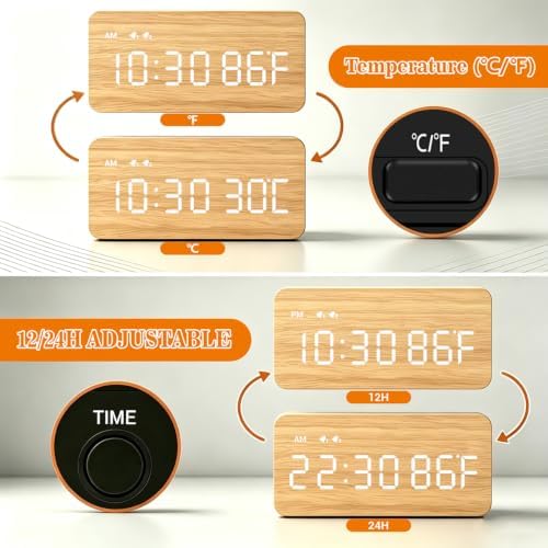 Premium Bamboo Wooden Digital Alarm Clock with Wireless Charging Pad, Time & Temperature Display, Dual Alarms & Snooze, Dimmable, Small LED Desk Clock for Bedroom Nightstand Bedside Living Room Table - Image 7