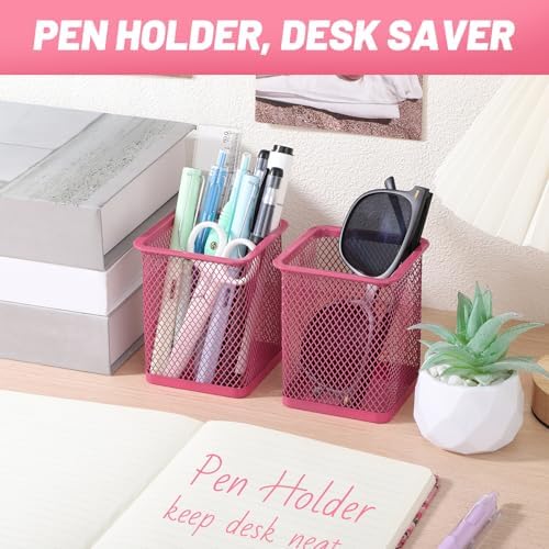 Segarty Pen Cup Holder, 3 Pack Square Dark Pink Pen Holder for Desk, Cute Mesh Pencil Cups Container Set for Office Supply, School Classroom, Home Desktop Storgae and Organization, Brushes Organizer - Image 5