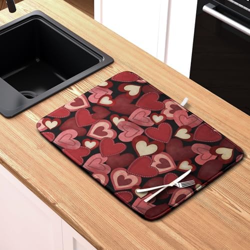Valentine Dish Drying Mat for Kitchen Counter Red Black Love Heart Drying Pad Microfiber Absorbent Coffee Bar Mat Heat Resistant Countertop Protector Dishes Drainer Mat 18x24 Inch - Image 6