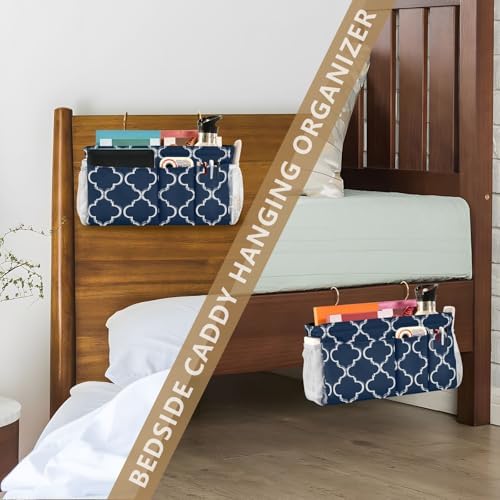 Bedside Caddy Hanging Bunk Bed Caddy Bed Organizer Hanging Pocket with 2 Hooks Bedside Storage Organizer Pocket Bag Holder Navy Blue Geometric Quatrefoil - Image 7