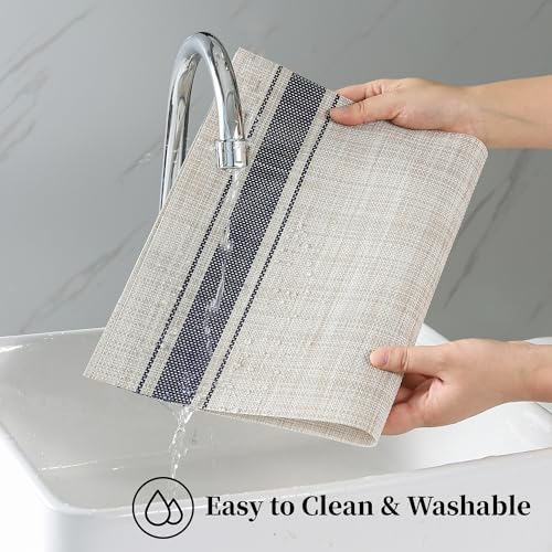 Leetaltree Khaki-Blue Placemats, Heat Resistant Non-Slip Place mats for Dining Table, Washable Durable PVC Vinyl Woven Table Mats (Set of 6) - Image 3