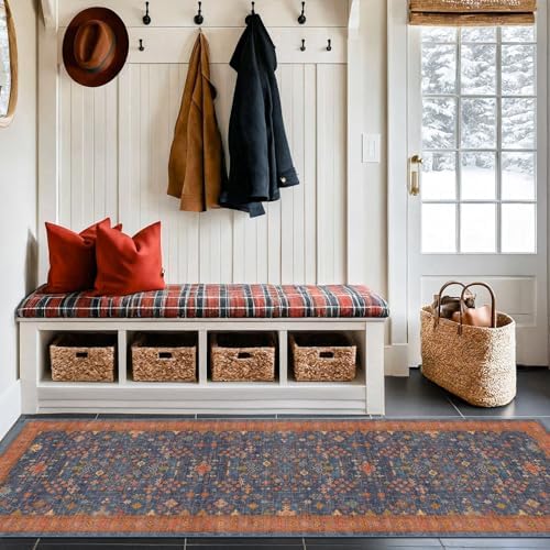 Washable 8 ft Long Runner for Kitchen Floor - Navy Blue Hallway Runner Rug, Pet Friendly Waterproof Non Slip with Rubber Backing, Stain Resistant Laundry Room Rug (2'6"x8' Navy Blue & Terracotta) - Image 6