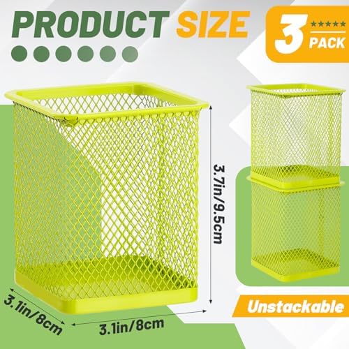 Segarty Pen Cup Holder, 3 Pack Square Light Green Pen Holder for Desk, Cute Mesh Pencil Cups Container Set Desktop Organizer for Office Supplies, School Classroom, Home Storgae and Organization - Image 2