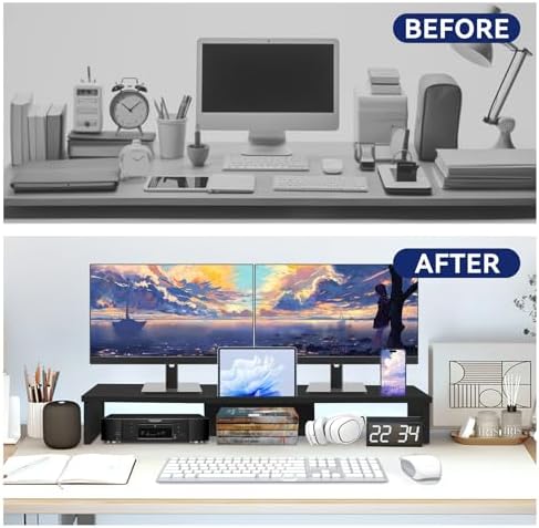 Dual Monitor Stand Riser with Phone Tablet Holder, 35.8in Large Monitor Stand for Desk, Computer Monitor Stand for 2 Monitors, Desk Shelf for Top of Desk, Desktop Organizer for Laptop, Printer, TV - Image 4