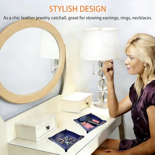 Leather Valet Tray for Women Men, Portable Entryway Table and Bedside Nightstand Desktop Storage Organizer, Leather Jewelry Catchall for Keys,Watch, Wallet, Coin, Jewelry (Dark Blue) - Image 3