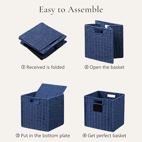 UBBCARE 4 Pack Wicker Basket, 10.5×10.5 Storage Cubes with Label, Foldable Cube Storage Bin with Handle, Square Storage Basket for Shelves, Woven Paper Rope Basket for Organizing, Blue - Image 7