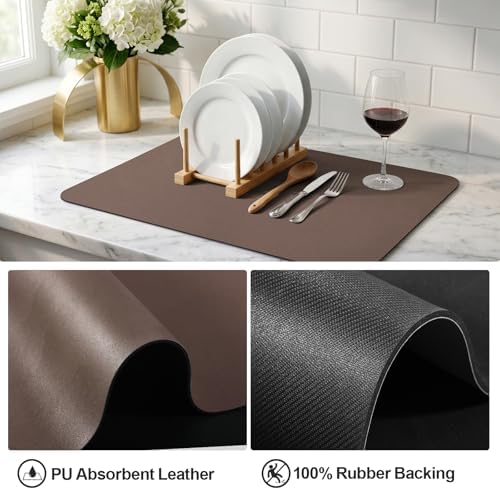 Ecotrim - Dish Drying Mat for Kitchen Counter | Coffee Bar Mat for Countertops | Heat Resistant Drainer Mat with Non-slip Rubber Backed | Hide Stain Kitchen Absorbent Draining Mat | Brown 18"x28" - Image 4